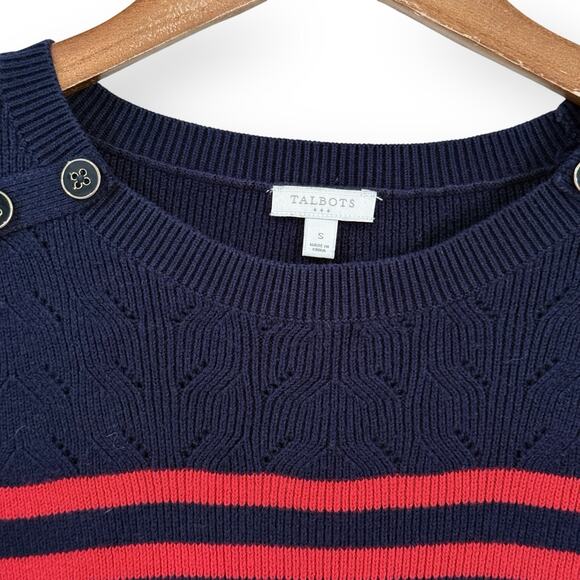 Talbots Sweater Womens S Red Blue Stripe Nautical Shoulder Buttons Cotton Blend - Picture 2 of 7